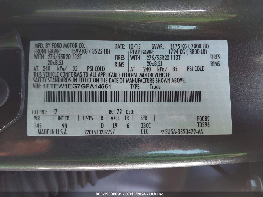 2016 Ford F-150 Platinum VIN: 1FTEW1EG7GFA14551 Lot: 39808091