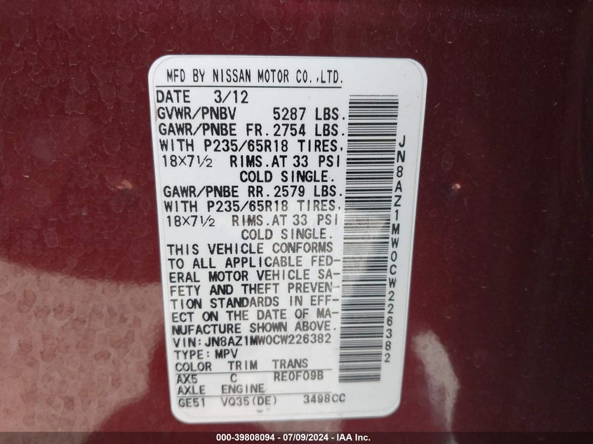 2012 Nissan Murano Sl VIN: JN8AZ1MW0CW226382 Lot: 39808094