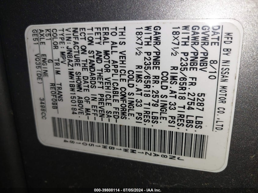 2011 Nissan Murano Sl VIN: JN8AZ1MW1BW150184 Lot: 39808114