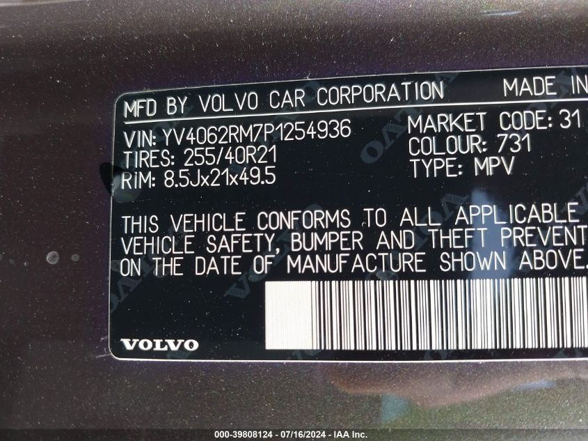 2023 Volvo Xc60 B6 Ultimate Dark Theme VIN: YV4062RM7P1254936 Lot: 39808124