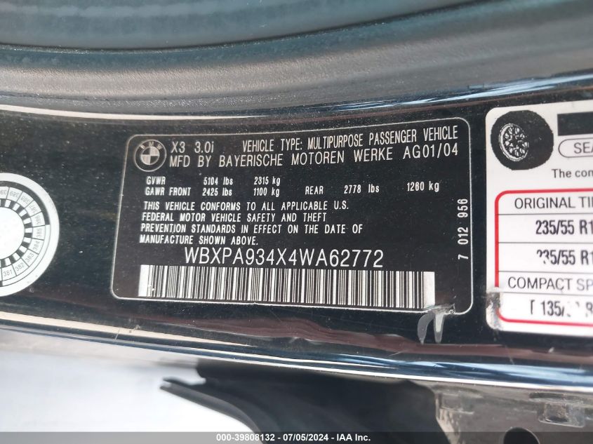 2004 BMW X3 3.0I VIN: WBXPA934X4WA62772 Lot: 39808132