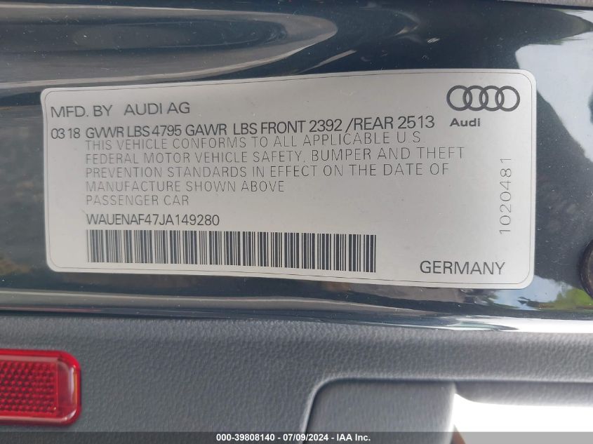 2018 AUDI A4 PREMIUM PLUS - WAUENAF47JA149280