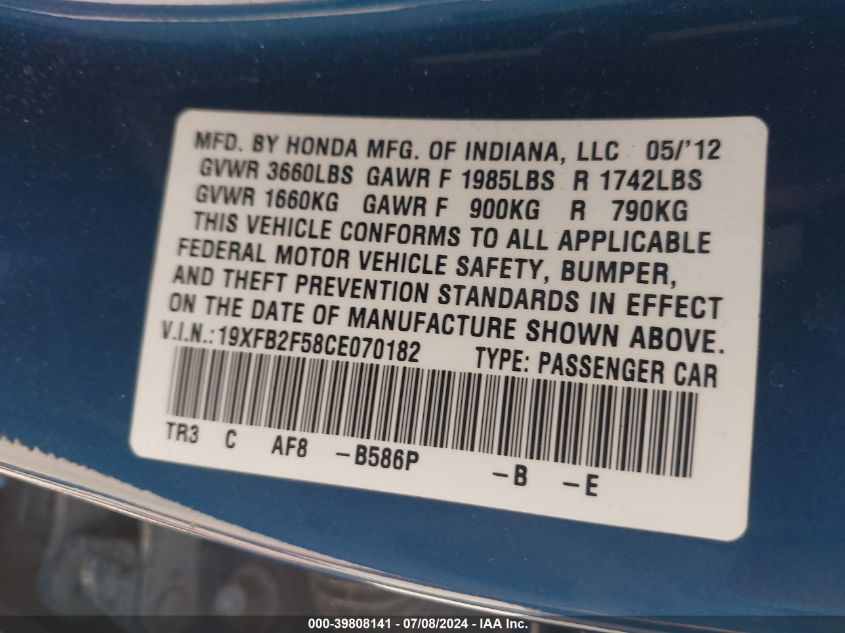 2012 Honda Civic Lx VIN: 19XFB2F58CE070182 Lot: 39808141