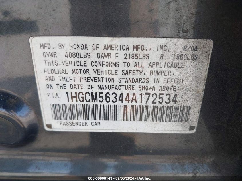 2004 Honda Accord 2.4 Lx VIN: 1HGCM56344A172534 Lot: 39808143