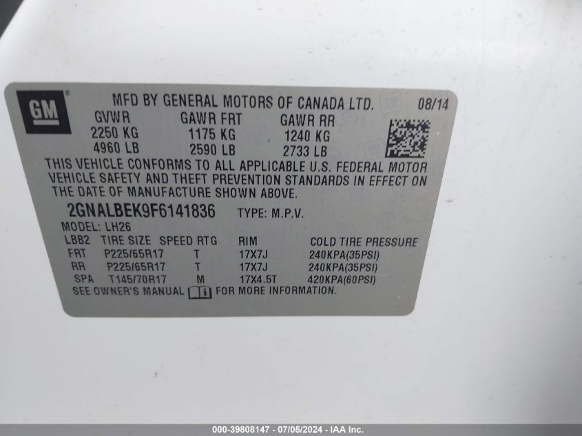 2GNALBEK9F6141836 2015 Chevrolet Equinox 1Lt