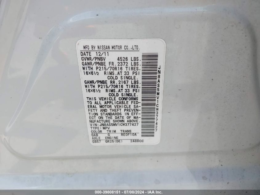 2012 Nissan Rogue S VIN: JN8AS5MV1CW377427 Lot: 39808151