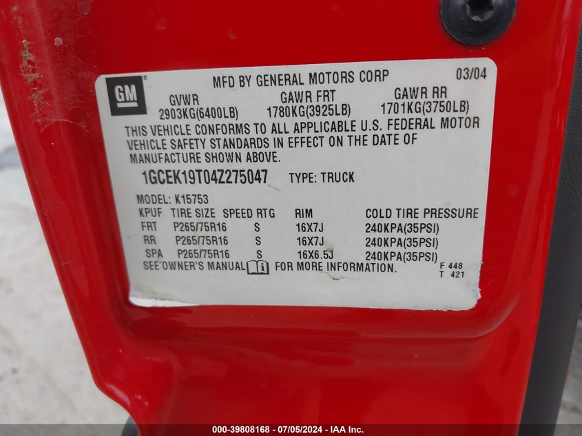 2004 Chevrolet Silverado 1500 Ls VIN: 1GCEK19T04Z275047 Lot: 39808168