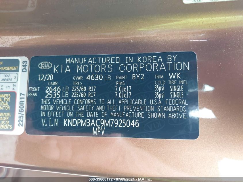 2021 Kia Sportage Lx VIN: KNDPM3AC9M7925046 Lot: 39808172