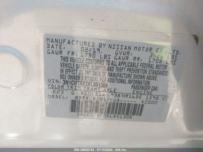 3N1CN7AP2KL851308 2019 Nissan Versa 1.6 Sv