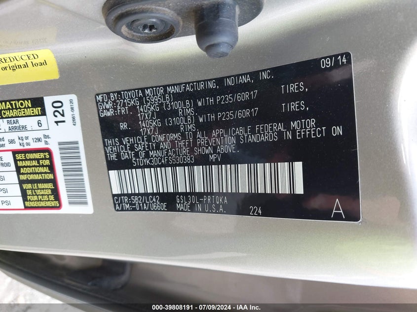 2015 Toyota Sienna Xle 8 Passenger VIN: 5TDYK3DC4FS530383 Lot: 39808191