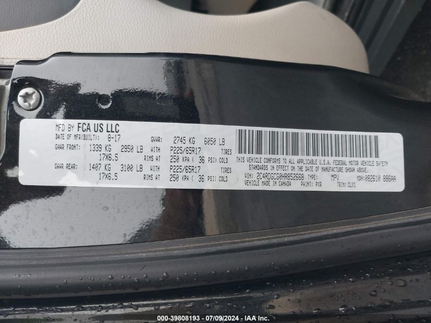 2017 Dodge Grand Caravan Sxt VIN: 2C4RDGCG0HR852668 Lot: 39808193