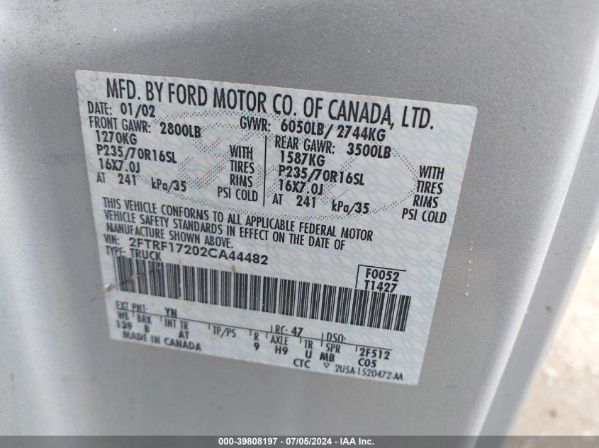 2002 Ford F-150 Xl/Xlt VIN: 2FTRF17202CA44482 Lot: 39808197