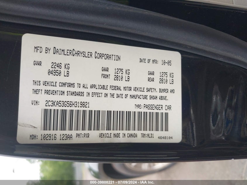 2006 Chrysler 300 Touring VIN: 2C3KA53G56H319821 Lot: 39808221