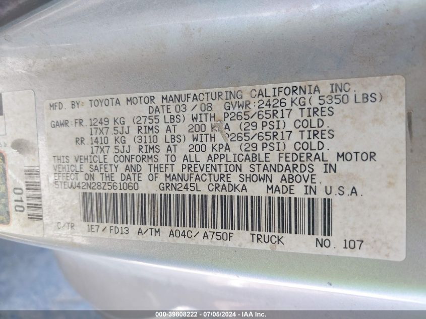 2008 Toyota Tacoma Base V6 VIN: 5TEUU42N28Z561060 Lot: 39808222