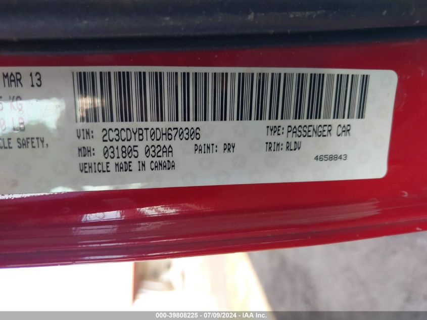 2013 Dodge Challenger R/T Plus VIN: 2C3CDYBT0DH670306 Lot: 39808225