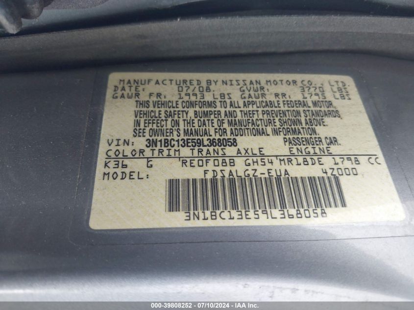 2009 Nissan Versa S/Sl VIN: 3N1BC13E59L368058 Lot: 39808252