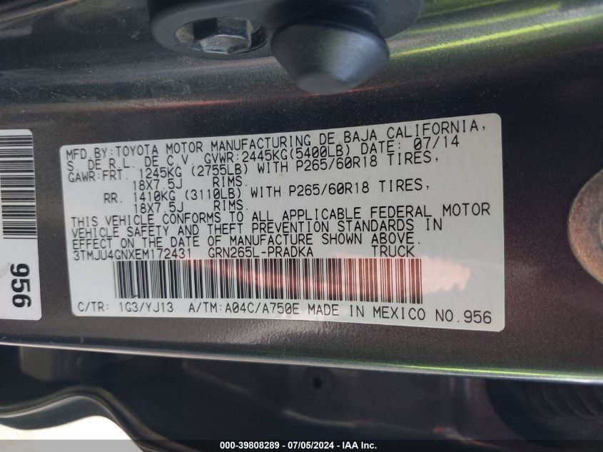 2014 Toyota Tacoma Prerunner V6 VIN: 3TMJU4GNXEM172431 Lot: 39808289