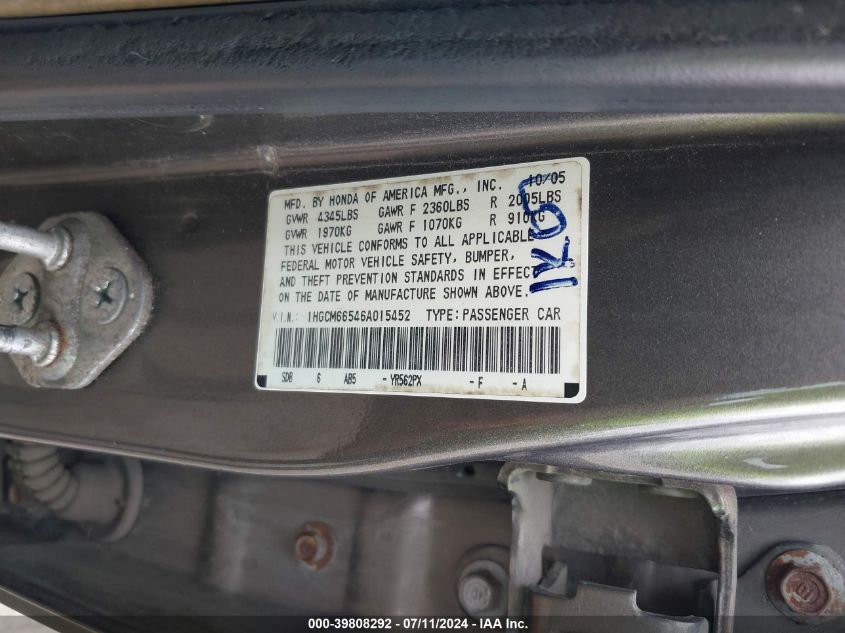 2006 Honda Accord 3.0 Ex VIN: 1HGCM66546A015452 Lot: 39808292