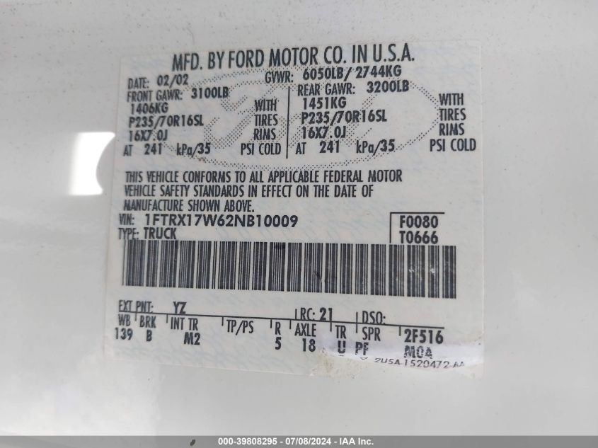 2002 Ford F-150 Lariat/Xl/Xlt VIN: 1FTRX17W62NB10009 Lot: 39808295