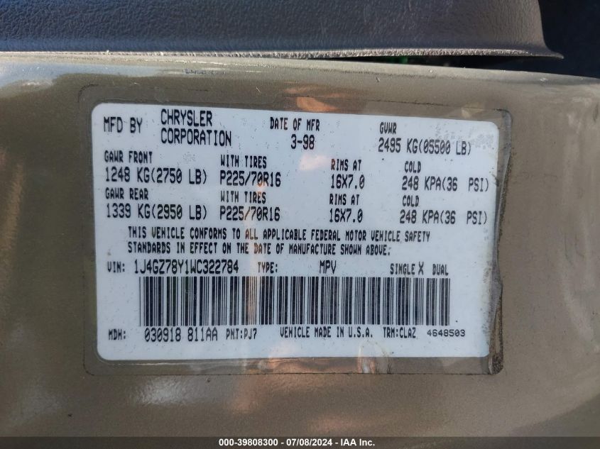 1998 Jeep Grand Cherokee Limited VIN: 1J4GZ78Y1WC322784 Lot: 39808300