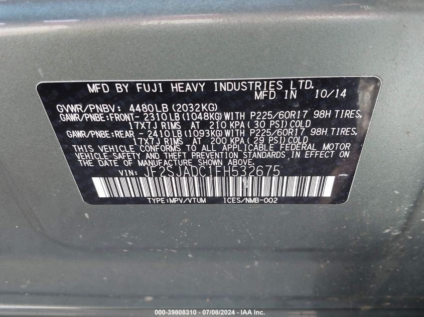 2015 Subaru Forester 2.5I Premium VIN: JF2SJADC1FH532675 Lot: 39808310