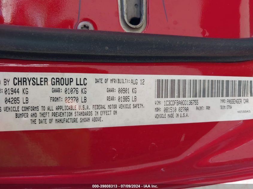 2013 Dodge Dart Sxt VIN: 1C3CDFBA0DD136755 Lot: 39808313