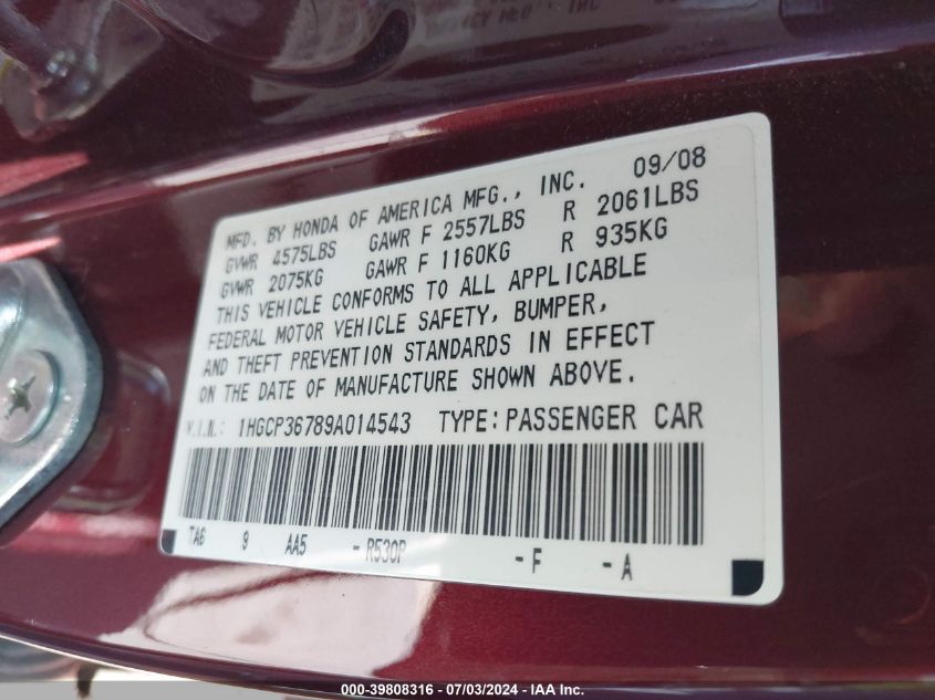 2009 Honda Accord 3.5 Ex VIN: 1HGCP36789A014543 Lot: 39808316