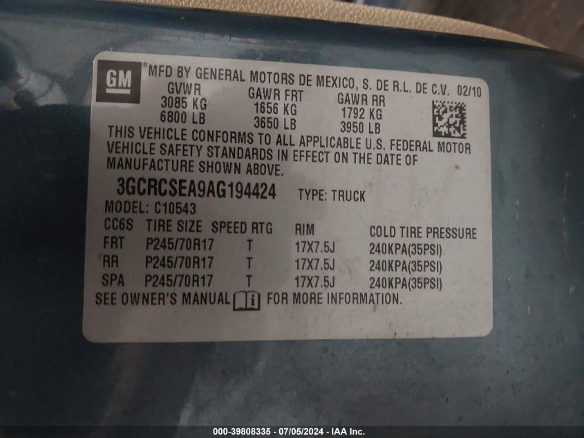 2010 Chevrolet Silverado 1500 Lt VIN: 3GCRCSEA9AG194424 Lot: 39808335