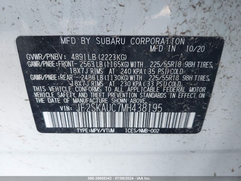 2021 Subaru Forester Limited VIN: JF2SKAUC7MH438195 Lot: 39808342