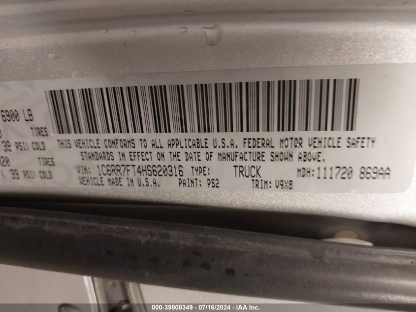 2017 Ram 1500 Express Quad Cab 4X4 6'4 Box VIN: 1C6RR7FT4HS620316 Lot: 39808349