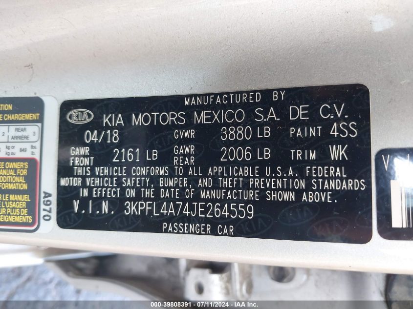 2018 Kia Forte Lx VIN: 3KPFL4A74JE264559 Lot: 39808391