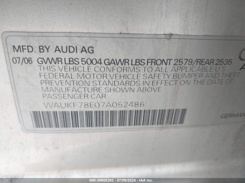 2007 Audi A4 2.0T Avant Quattro VIN: WAUKF78E07A052486 Lot: 39808393