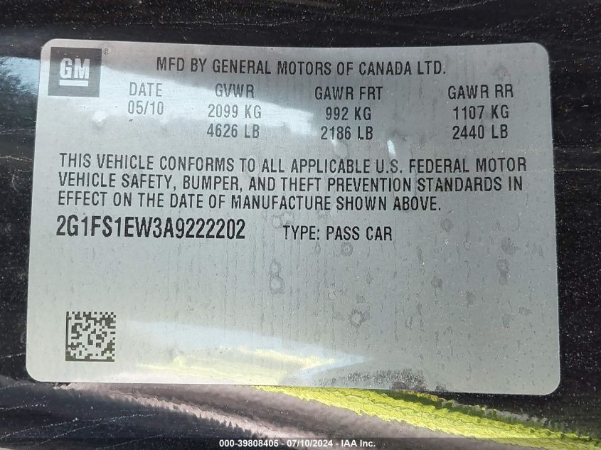 2010 Chevrolet Camaro 1Ss VIN: 2G1FS1EW3A9222202 Lot: 39808405