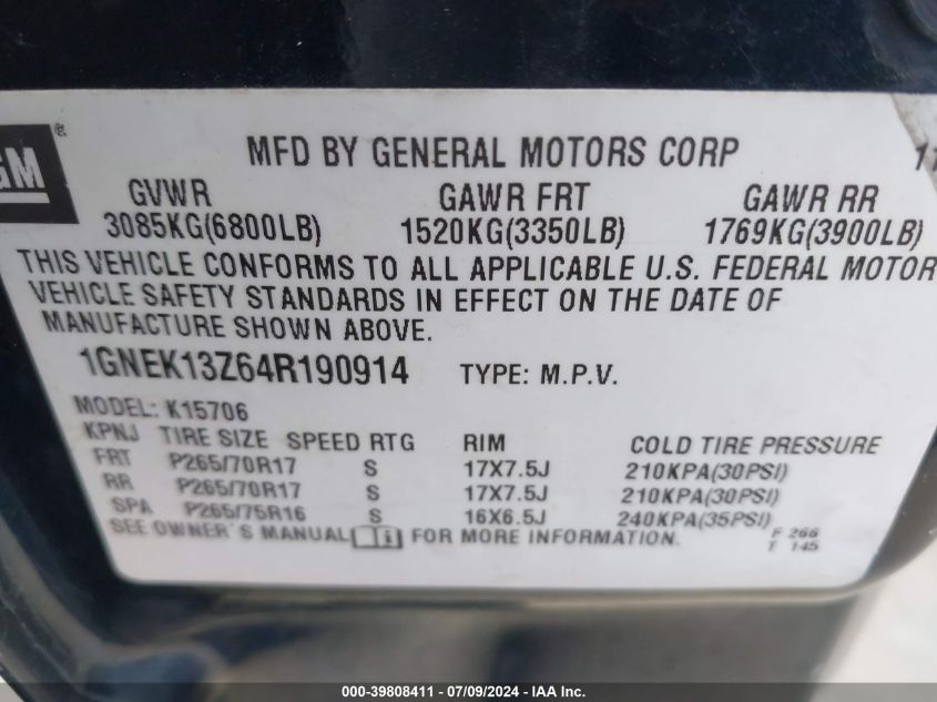 2004 Chevrolet Tahoe Z71 VIN: 1GNEK13Z64R190914 Lot: 39808411