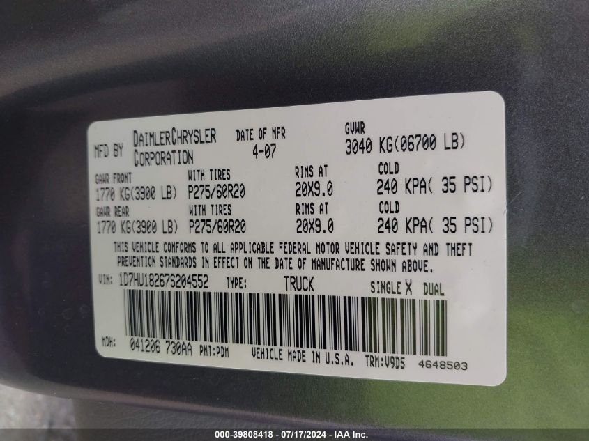 2007 Dodge Ram 1500 Slt/Trx4 Off Road/Sport VIN: 1D7HU18267S204552 Lot: 39808418