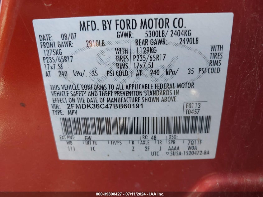 2007 Ford Edge Se VIN: 2FMDK36C47BB60191 Lot: 39808427