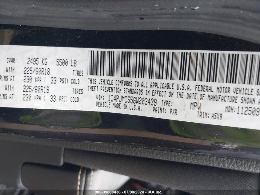 2016 Jeep Cherokee Altitude VIN: 1C4PJMCS5GW203439 Lot: 39808436