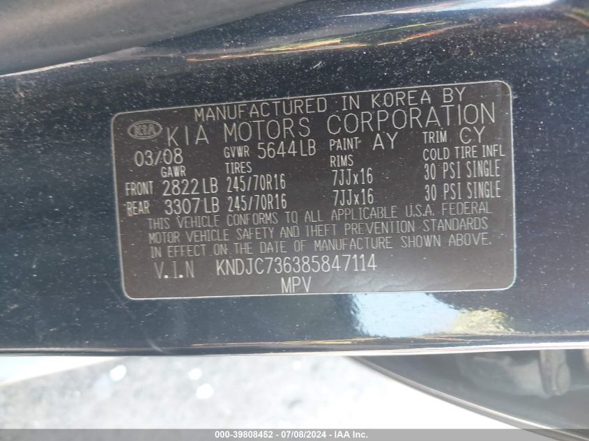 2008 Kia Sorento Ex VIN: KNDJC736385847114 Lot: 39808452