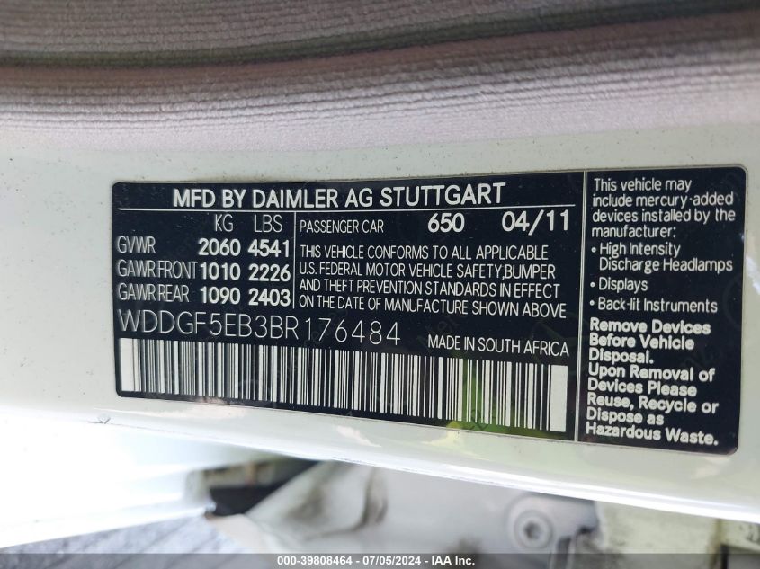 2011 Mercedes-Benz C 300 300 VIN: WDDGF5EB3BR176484 Lot: 39808464