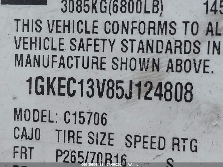 2005 GMC Yukon Sle VIN: 1GKEC13V85J124808 Lot: 39808469