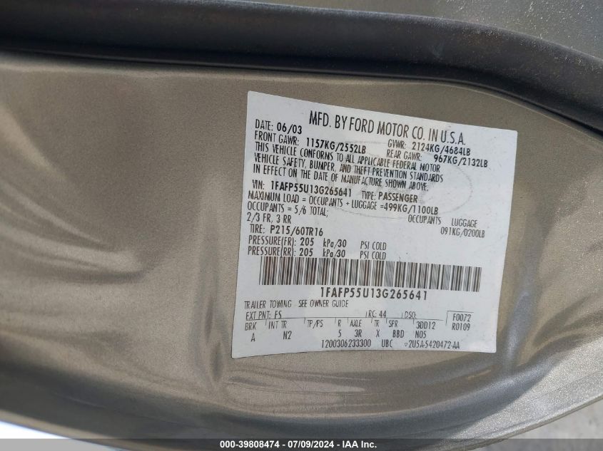 2003 Ford Taurus Ses VIN: 1FAFP55U13G265641 Lot: 39808474