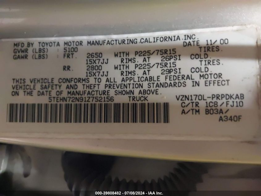 2001 Toyota Tacoma Double Cab VIN: 5TEHN72N91Z752156 Lot: 39808482