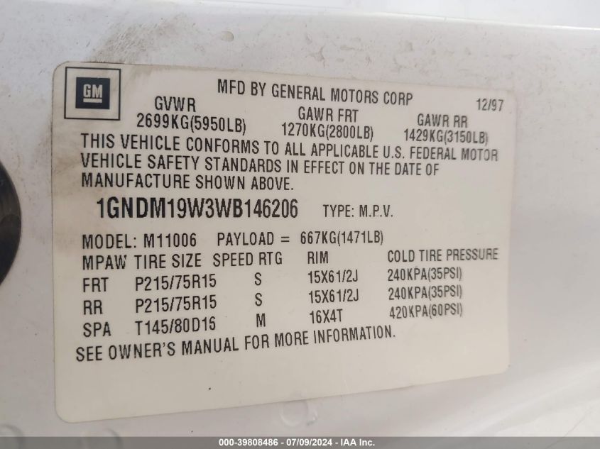 1998 Chevrolet Astro VIN: 1GNDM19W3WB146206 Lot: 39808486