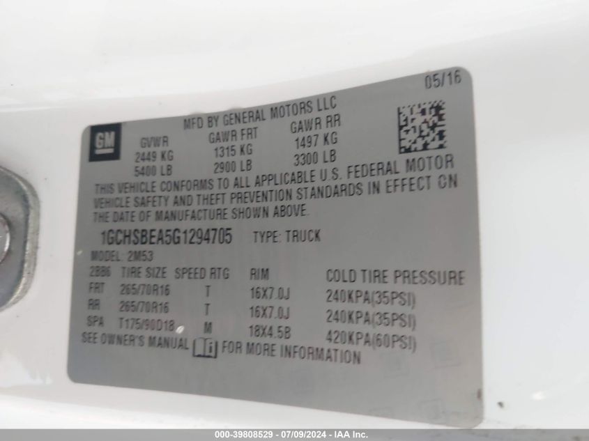 2016 Chevrolet Colorado VIN: 1GCHSBEA5G1294705 Lot: 39808529