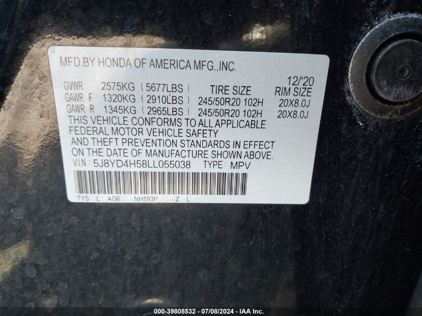 2020 Acura Mdx Technology Package VIN: 5J8YD4H58LL055038 Lot: 39808532