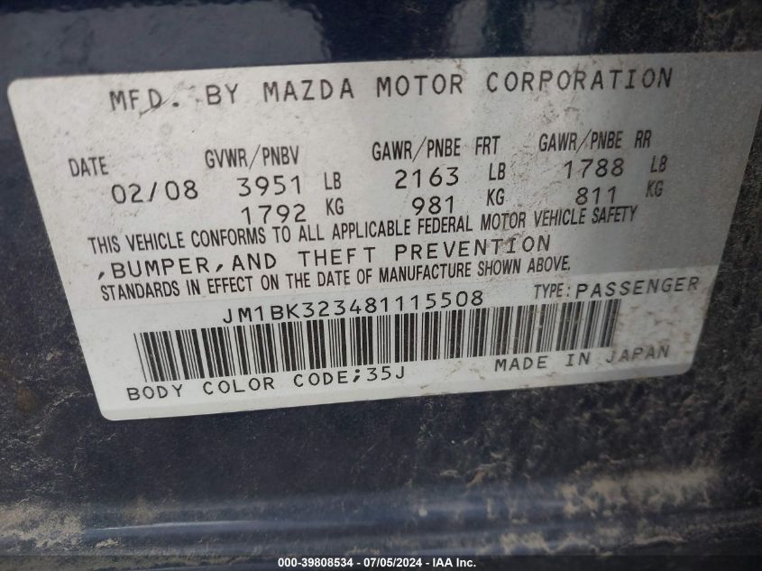 JM1BK323481115508 2008 Mazda Mazda3 S Grand Touring