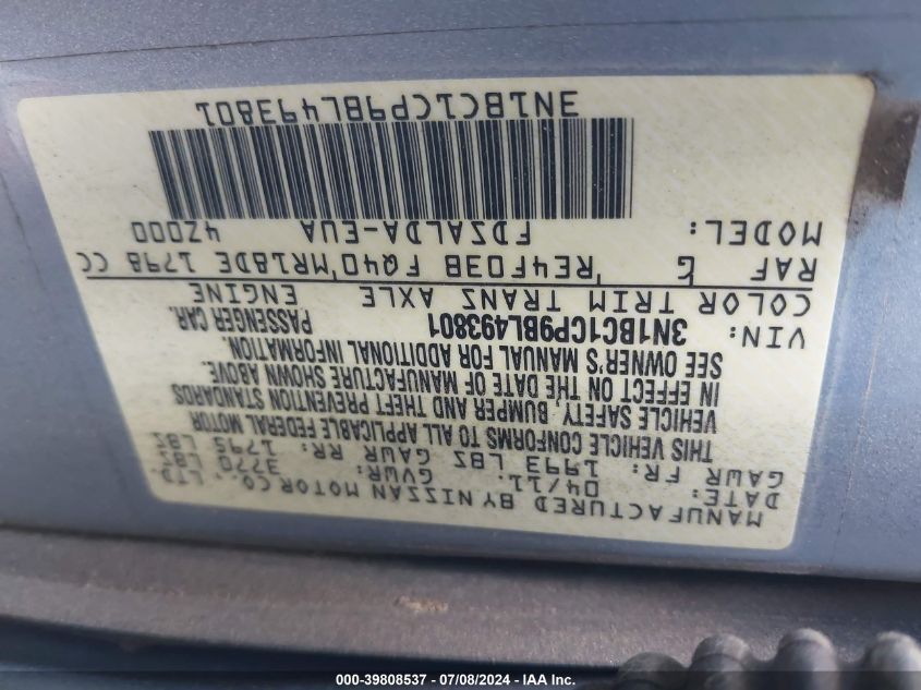 2011 Nissan Versa 1.8S VIN: 3N1BC1CP9BL493801 Lot: 39808537