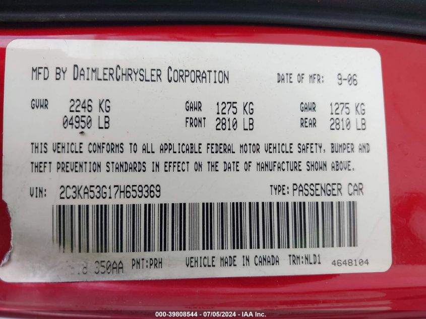 2007 Chrysler 300 Touring VIN: 2C3KA53G17H659369 Lot: 39808544