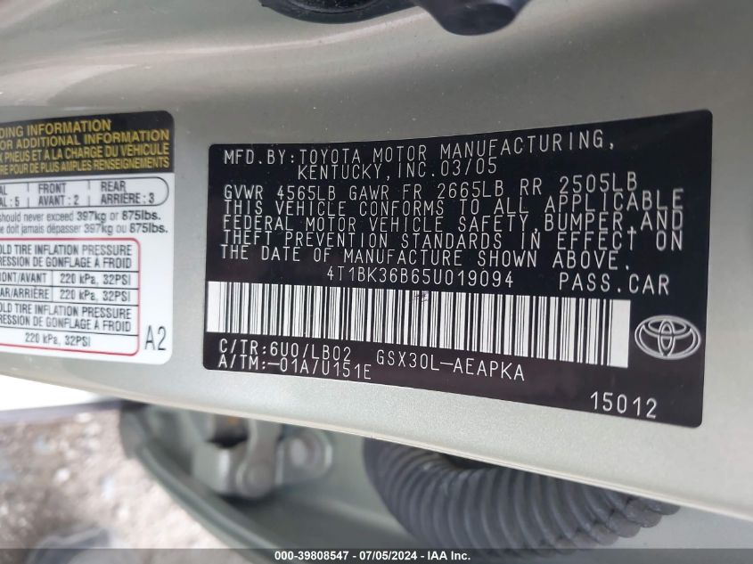 2005 Toyota Avalon Limited VIN: 4T1BK36B65U019094 Lot: 39808547