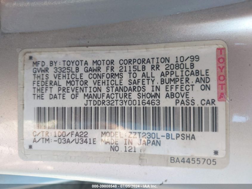 2000 Toyota Celica Gt VIN: JTDDR32T3Y0016463 Lot: 39808548